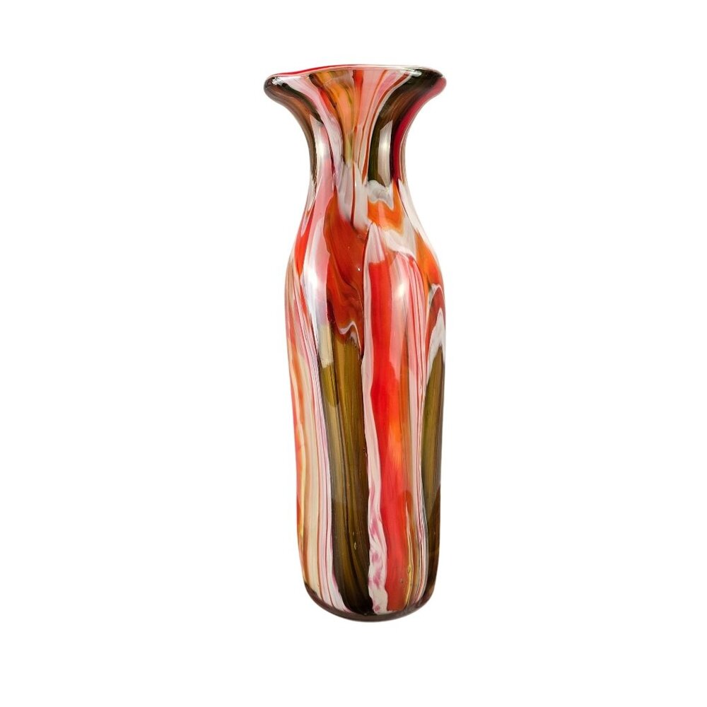 Vintage‎ Red Swirl Hand Blown Art Glass Vase Flared Rim Multi-Color 17 inch